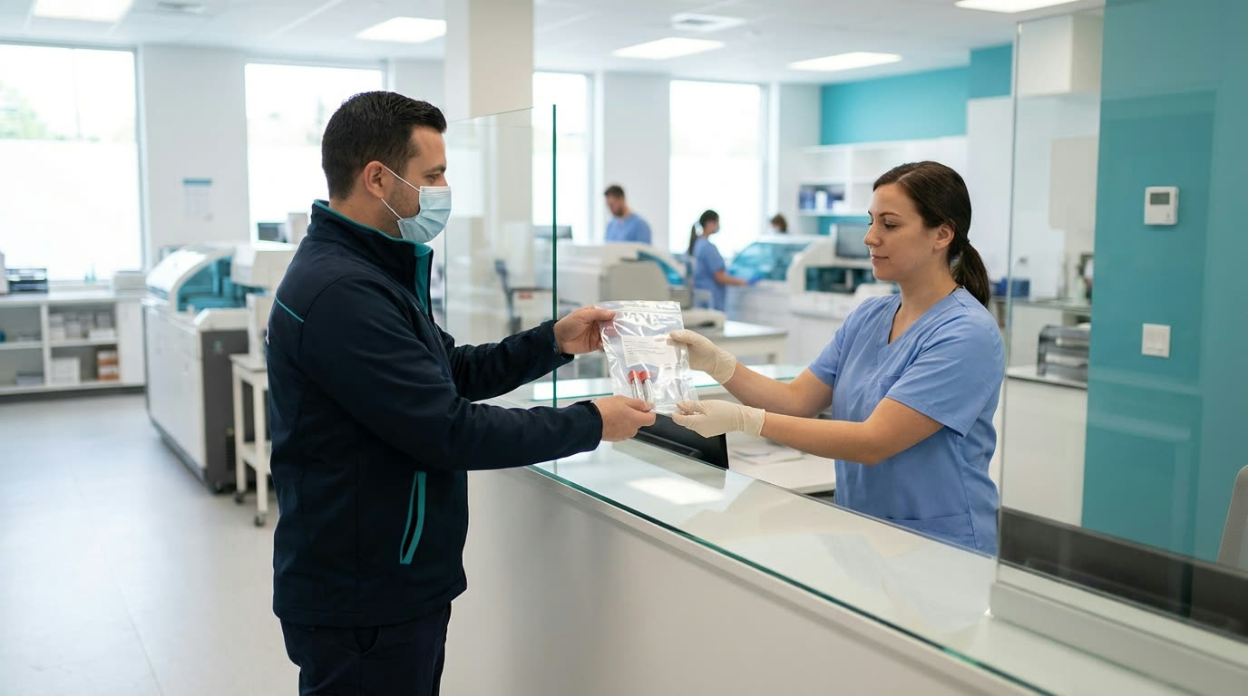 Exodus courier in a navy and teal jacket handing a specimen bag to a lab technician