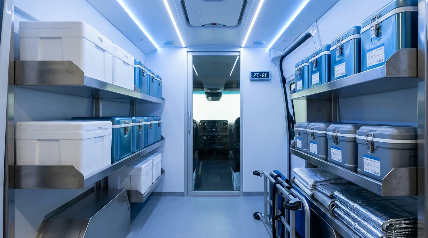 Organized, temperature-controlled interior of an Exodus courier van
