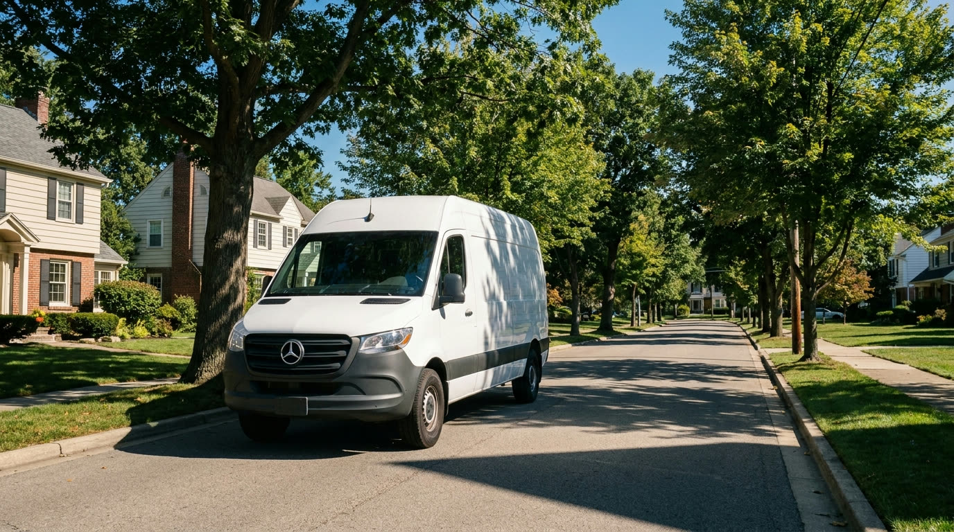 White Exodus Health Couriers van driving a sunny Ohio street